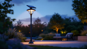A photograph of a tall solar lamp illuminated at dusk in an outdoor setting