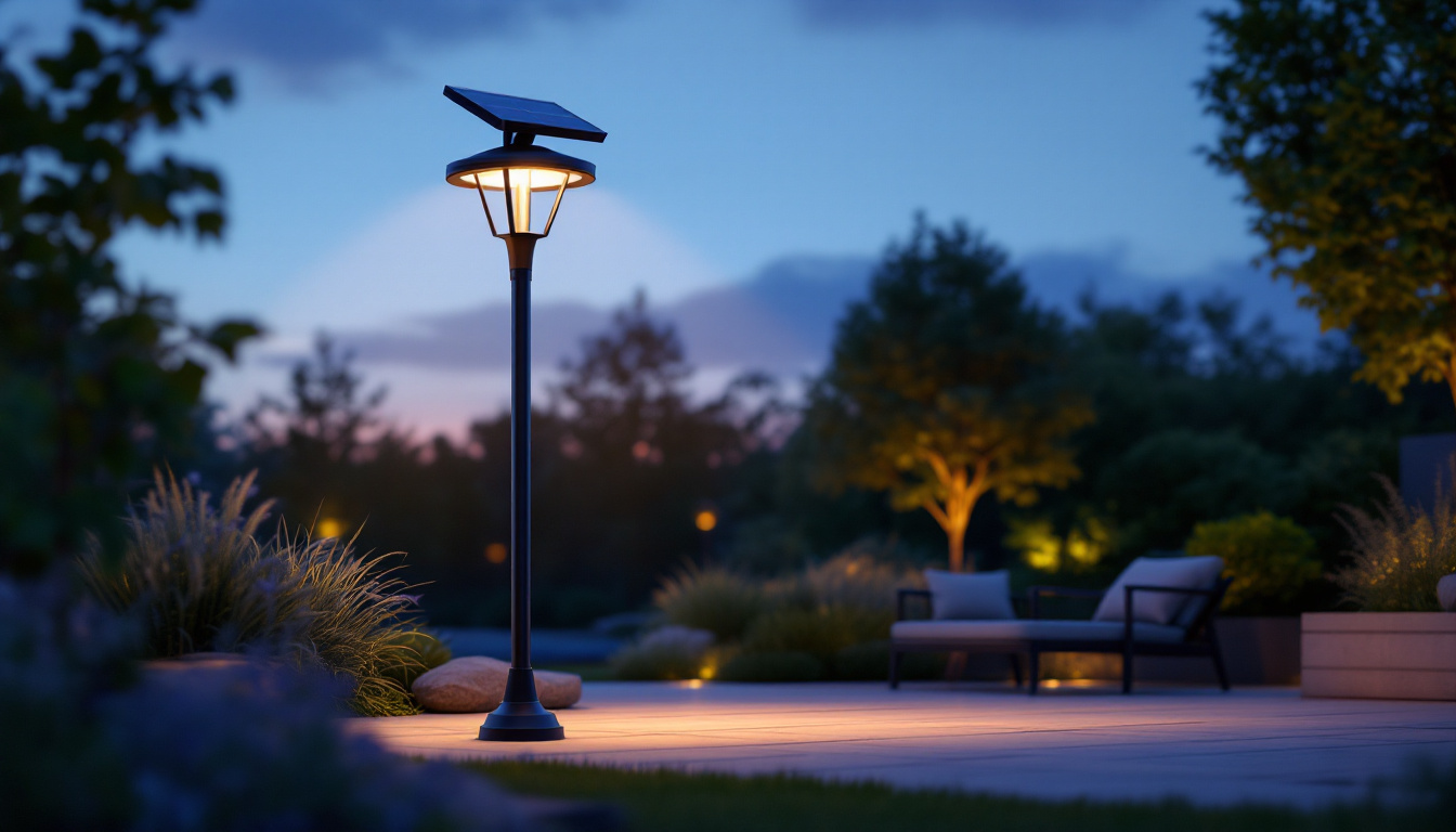 A photograph of a tall solar lamp illuminated at dusk in an outdoor setting