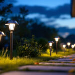 A photograph of a beautifully lit outdoor space featuring solar ground lights in various settings