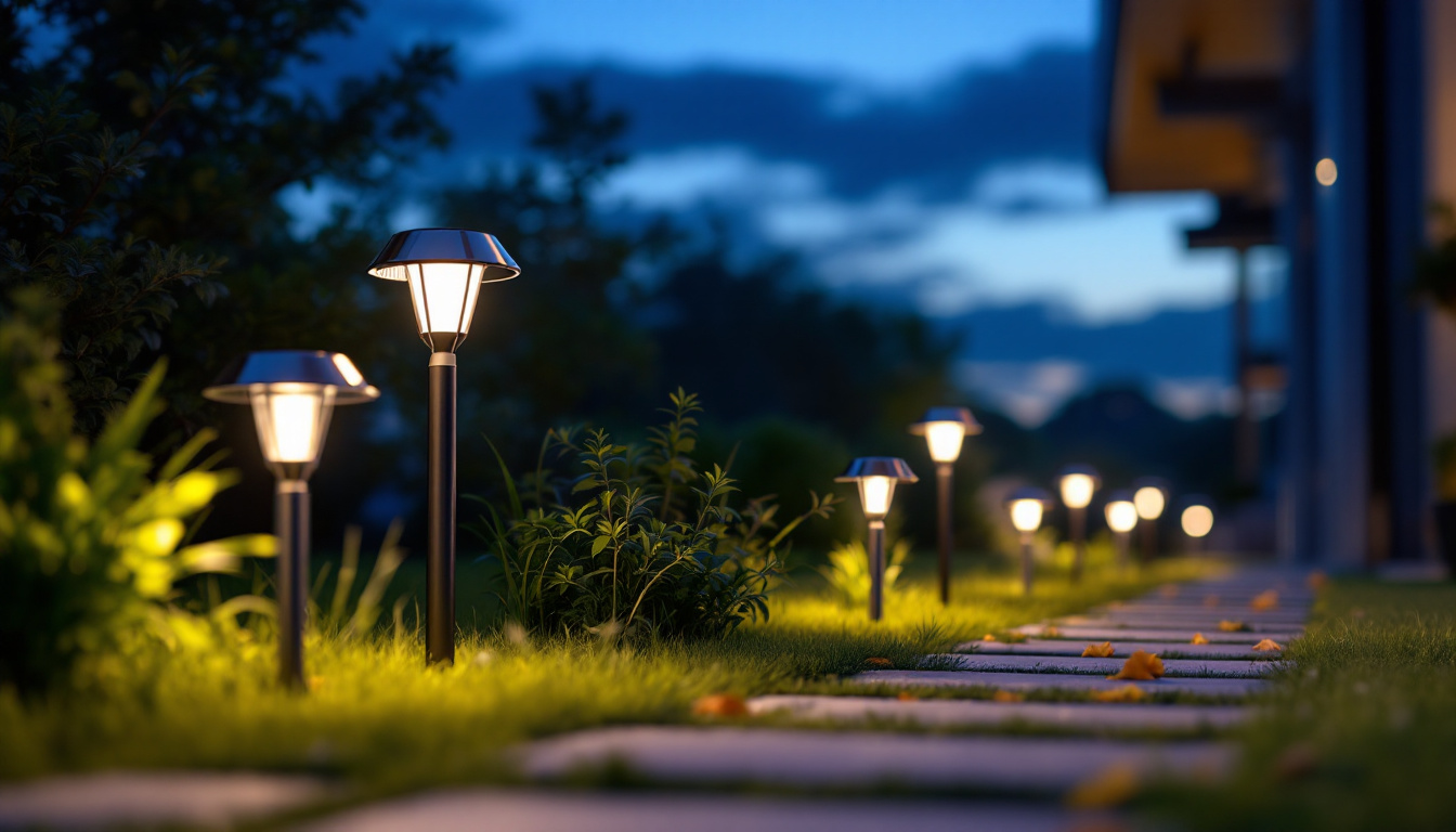 A photograph of a beautifully lit outdoor space featuring solar ground lights in various settings