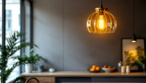 A photograph of a beautifully designed pendant light fixture hanging in a modern interior setting