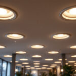 A photograph of a beautifully designed modern interior featuring recessed light cans