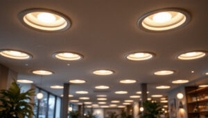 A photograph of a beautifully designed modern interior featuring recessed light cans
