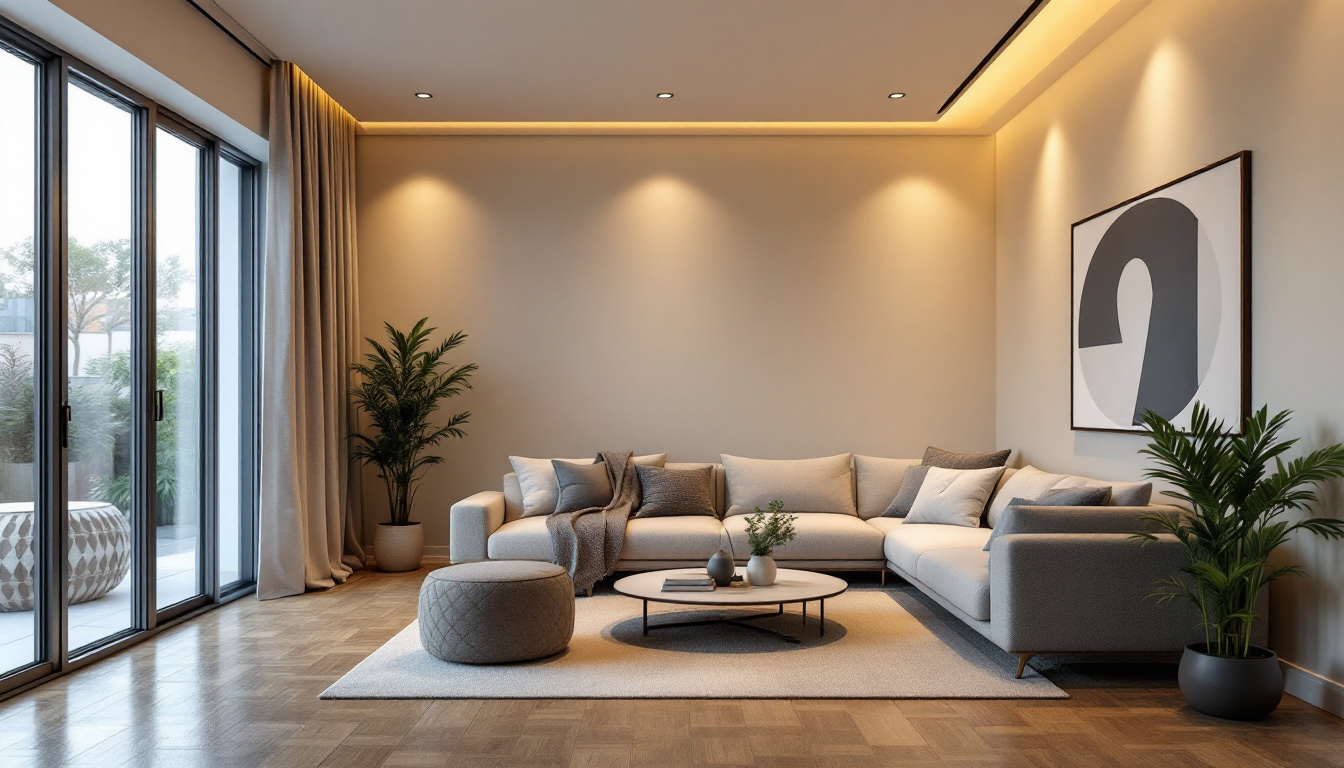 A photograph of a beautifully designed room featuring recessed lighting