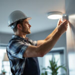 A photograph of a lighting contractor expertly installing or adjusting a light automatic sensor in a residential or commercial setting