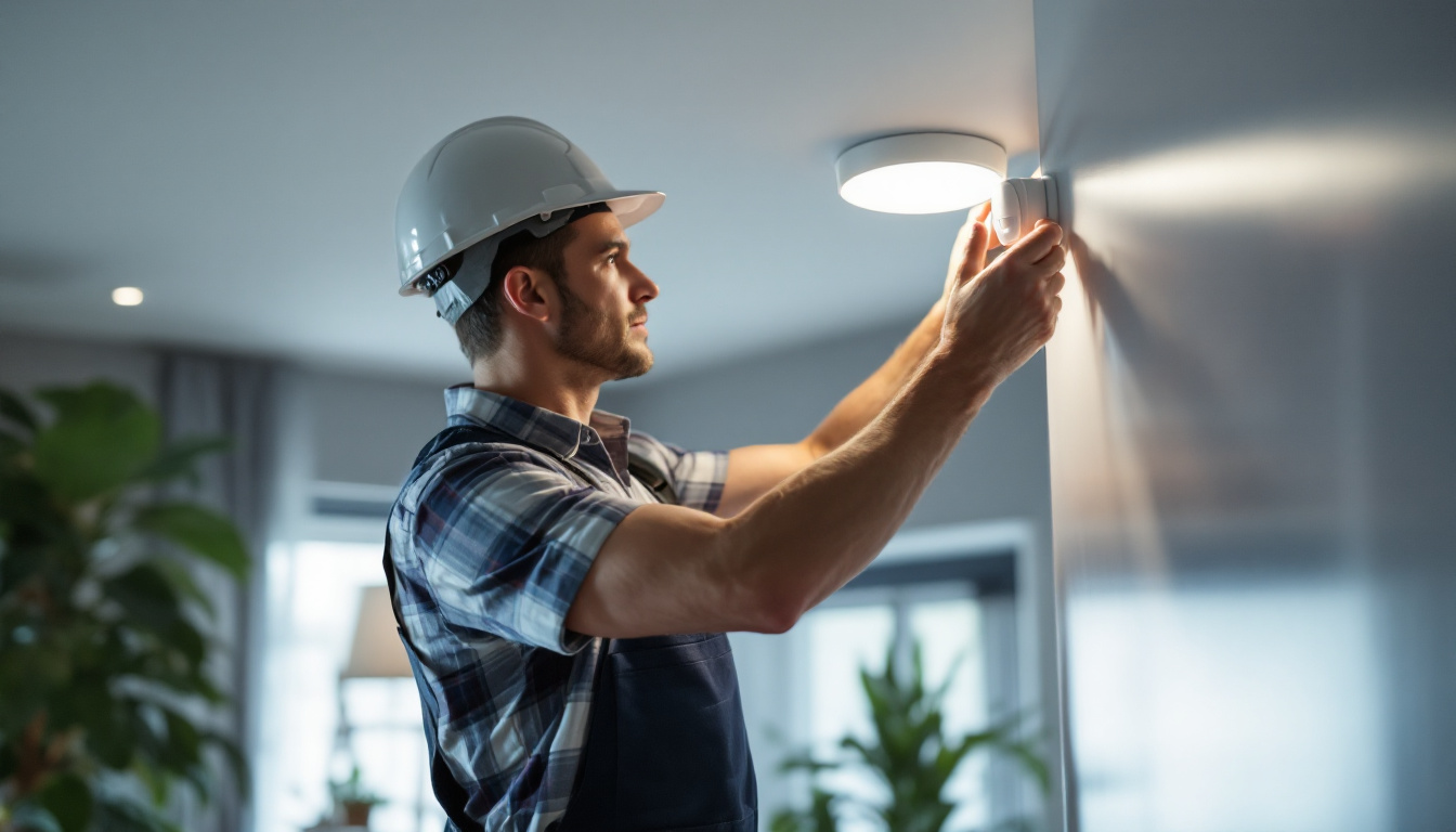 A photograph of a lighting contractor expertly installing or adjusting a light automatic sensor in a residential or commercial setting