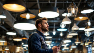 A photograph of a well-lit ceiling light shop showcasing a variety of stylish ceiling lights