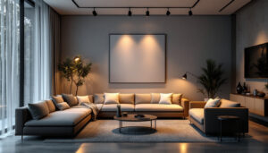 A photograph of a beautifully designed living room featuring stylish track lighting