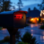 A photograph of a beautifully illuminated mailbox at dusk