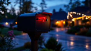 A photograph of a beautifully illuminated mailbox at dusk