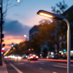 A photograph of a modern led streetlight illuminating a vibrant urban street at dusk