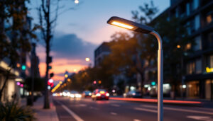 A photograph of a modern led streetlight illuminating a vibrant urban street at dusk