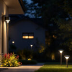 A photograph of a well-lit outdoor space showcasing various solar-powered lights installed in a residential or commercial setting