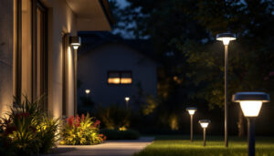 A photograph of a well-lit outdoor space showcasing various solar-powered lights installed in a residential or commercial setting