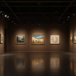 A photograph of a well-lit art gallery showcasing various artworks