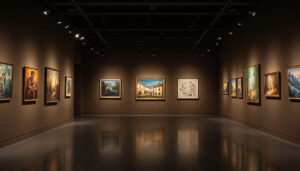 A photograph of a well-lit art gallery showcasing various artworks