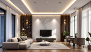 A photograph of a beautifully designed room featuring sleek led recessed ceiling lights