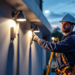 A photograph of a lighting contractor installing outdoor security lights on a commercial property at dusk
