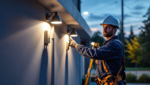 A photograph of a lighting contractor installing outdoor security lights on a commercial property at dusk