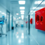 A photograph of a hospital setting featuring red electrical outlets prominently displayed in a well-lit corridor