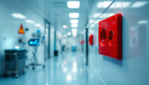A photograph of a hospital setting featuring red electrical outlets prominently displayed in a well-lit corridor
