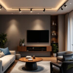 A photograph of a stylish living room featuring modern track lighting