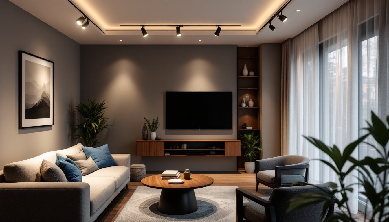 A photograph of a stylish living room featuring modern track lighting