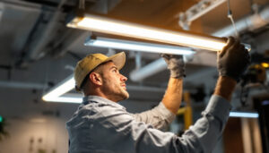 A photograph of a lighting contractor installing or adjusting a fluo lighting fixture in a modern workspace