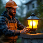 A photograph of a skilled lighting contractor installing or showcasing a post lantern solar light in an outdoor setting