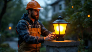 A photograph of a skilled lighting contractor installing or showcasing a post lantern solar light in an outdoor setting