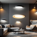 A photograph of a well-lit room showcasing a variety of stylish recessed light covers in use