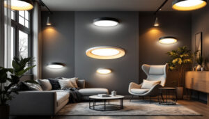 A photograph of a well-lit room showcasing a variety of stylish recessed light covers in use