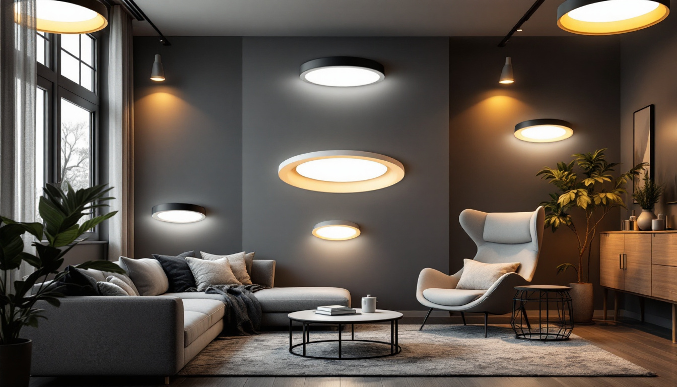 A photograph of a well-lit room showcasing a variety of stylish recessed light covers in use