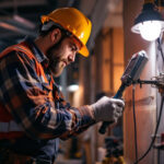 A photograph of a lighting contractor inspecting or installing an emergency ballast in a commercial setting