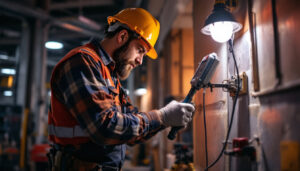 A photograph of a lighting contractor inspecting or installing an emergency ballast in a commercial setting