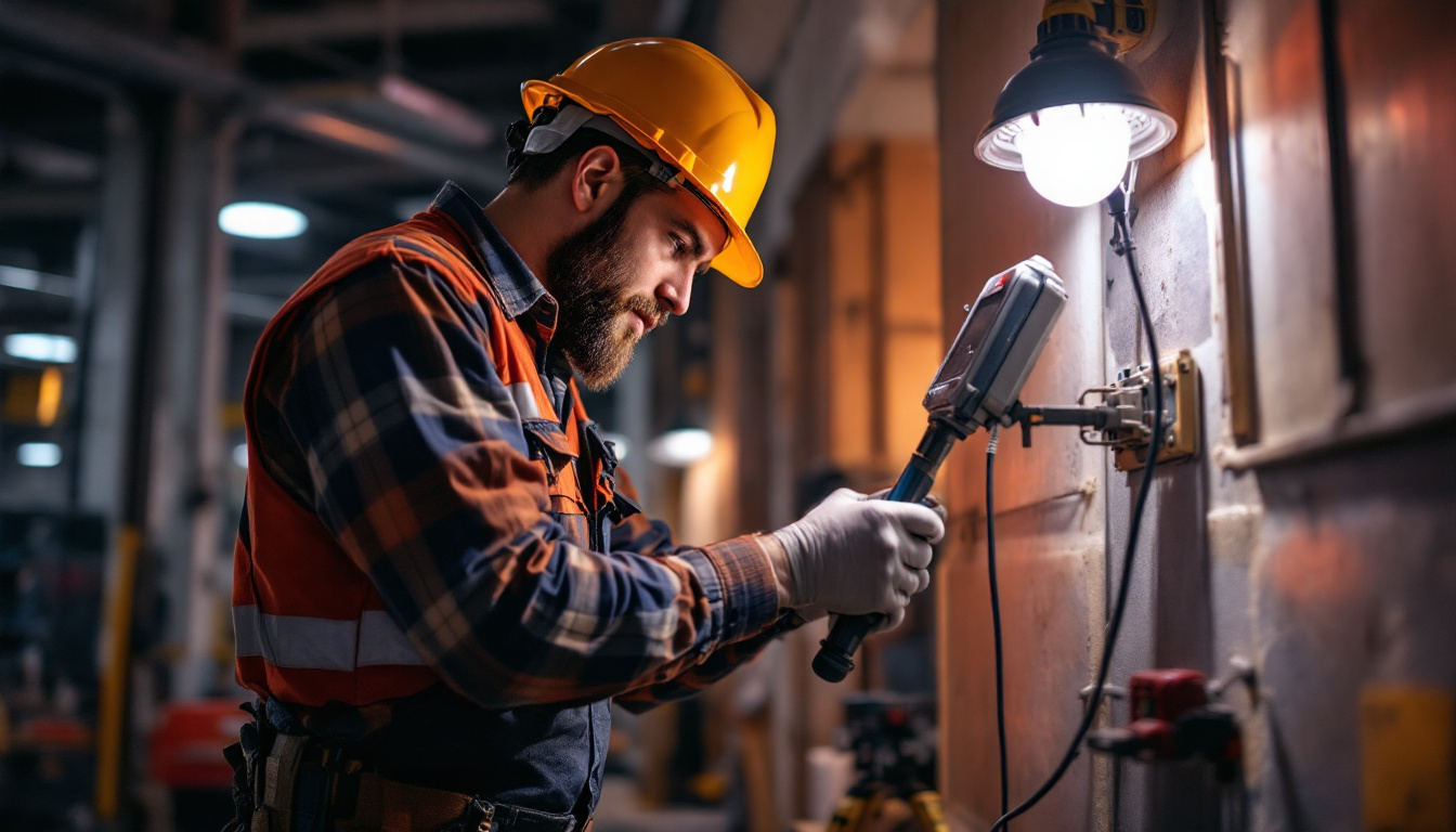 A photograph of a lighting contractor inspecting or installing an emergency ballast in a commercial setting