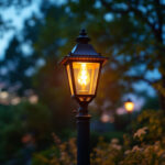 A photograph of a beautifully illuminated outdoor post lantern in a picturesque garden setting during twilight