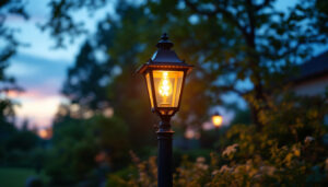 A photograph of a beautifully illuminated outdoor post lantern in a picturesque garden setting during twilight