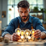 A photograph of a lighting contractor examining a variety of type g incandescent bulbs in a well-lit workspace