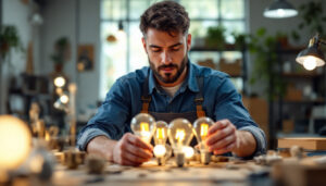 A photograph of a lighting contractor examining a variety of type g incandescent bulbs in a well-lit workspace
