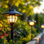 A photograph of a solar ball lamp illuminated in a beautifully landscaped outdoor setting