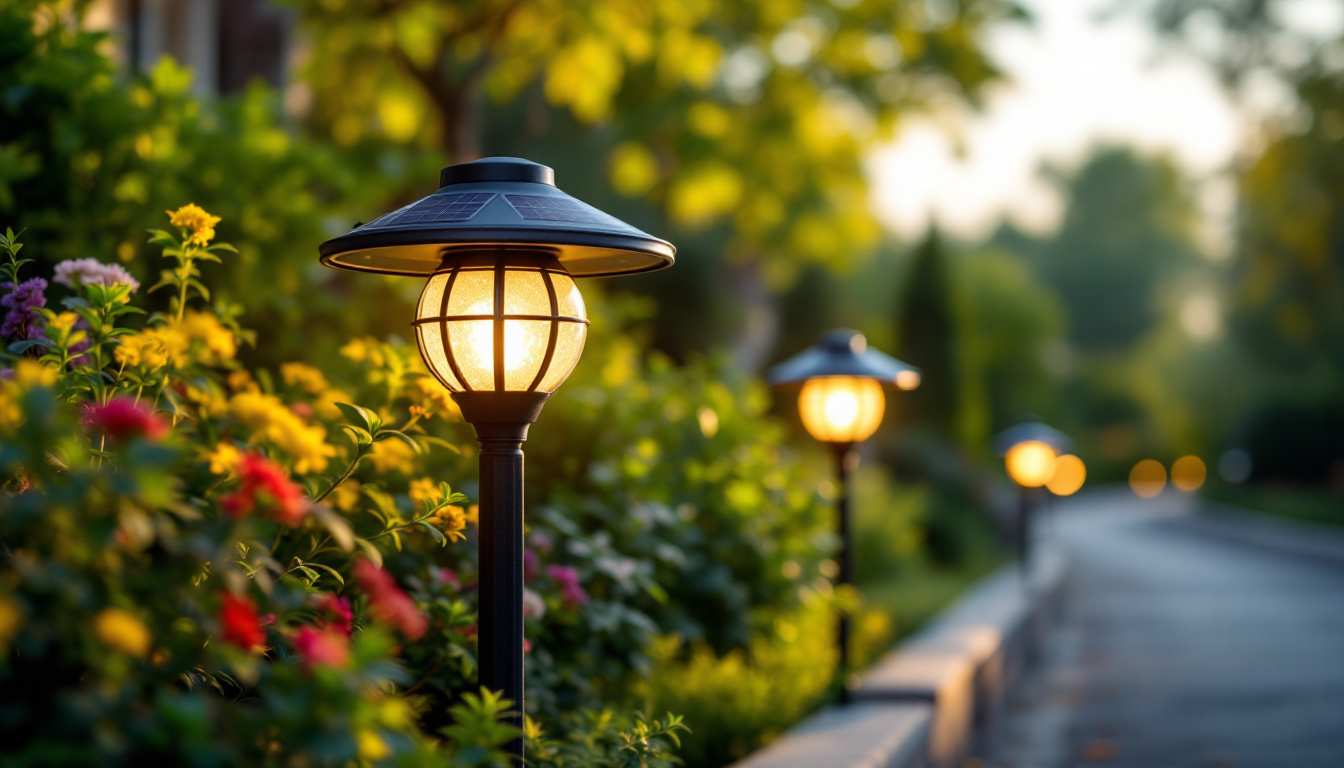 A photograph of a solar ball lamp illuminated in a beautifully landscaped outdoor setting