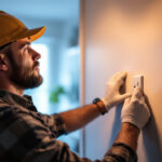 A photograph of a skilled lighting contractor installing a single pole light switch in a modern home setting