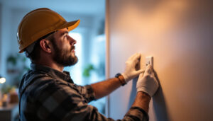 A photograph of a skilled lighting contractor installing a single pole light switch in a modern home setting