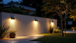 A photograph of a beautifully illuminated outdoor space featuring solar wall-mounted lights in use