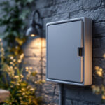 A photograph of an outdoor electrical box and cover installed in a landscaped setting