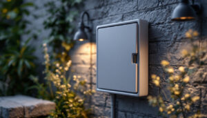 A photograph of an outdoor electrical box and cover installed in a landscaped setting
