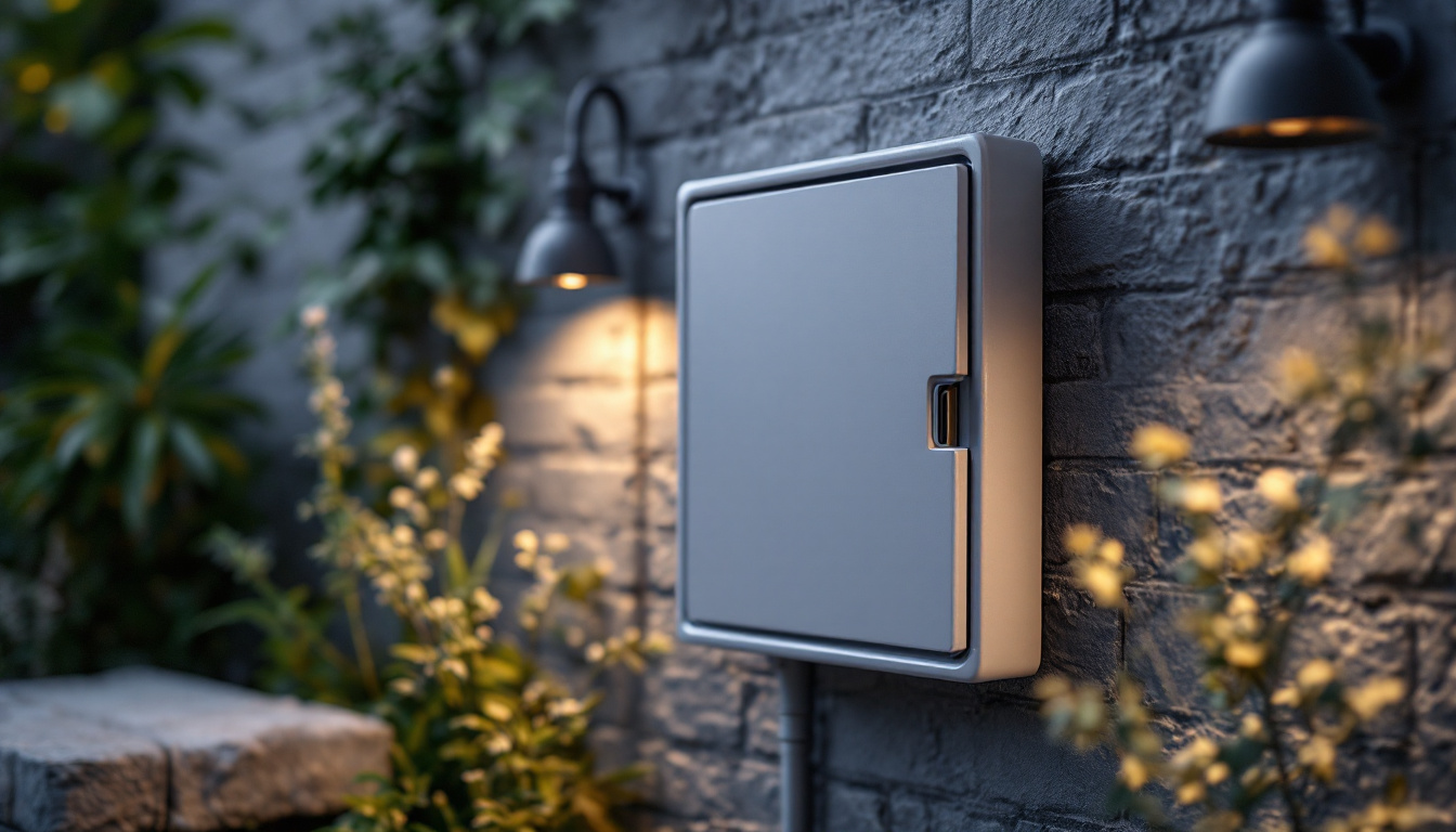 A photograph of an outdoor electrical box and cover installed in a landscaped setting