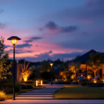A photograph of a beautifully illuminated outdoor space at dusk