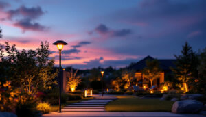 A photograph of a beautifully illuminated outdoor space at dusk